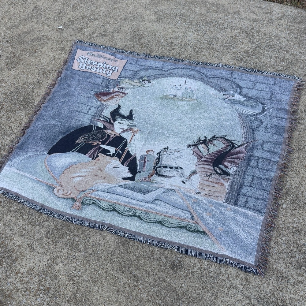 Vintage 90s Disney Sleeping Beauty Woven Fringe Tapestry Throw Blanket Blue